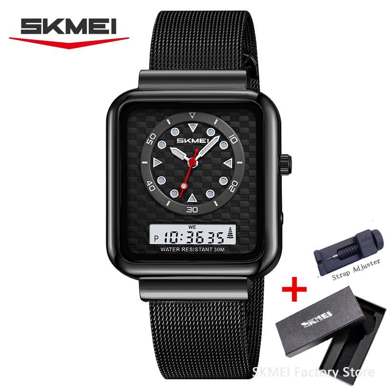 SKMEI 2466 Luxury Quartz Watch for Men Women Stainless Steel Digital Wristwatch Waterproof Dual Display Clock Girl Reloj Hombre