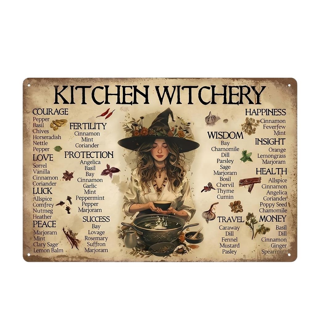 Vintage Kitchen Witchery Herb Guide Aluminum Wall Decor Metal Tin Sign for Cooking and Home Decoration Rustic Style
