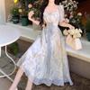 French Romantic Floral Print Plus Size Blue Dress - Lace-up Waist, Elegant Square Neck, Summer Ditsy Floral.