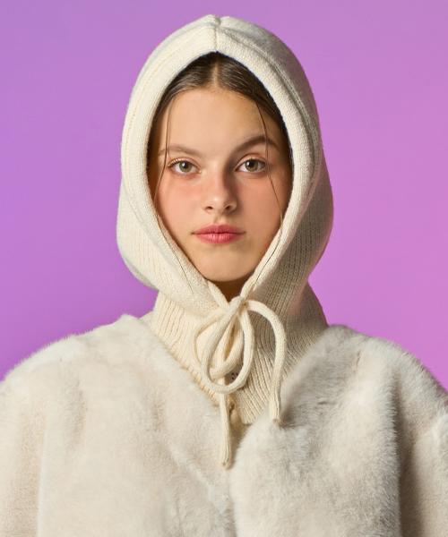 KOLEAT [Real Knit Ver.] Winter Ribbon Strap Balaclava Hat [Ivory]