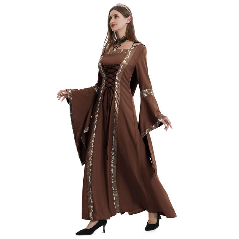 Medieval Gothic Hooded Dress With Square Neck Tie Front Flared Sleeve Full Skirt Costume Halloween Stage Performance
