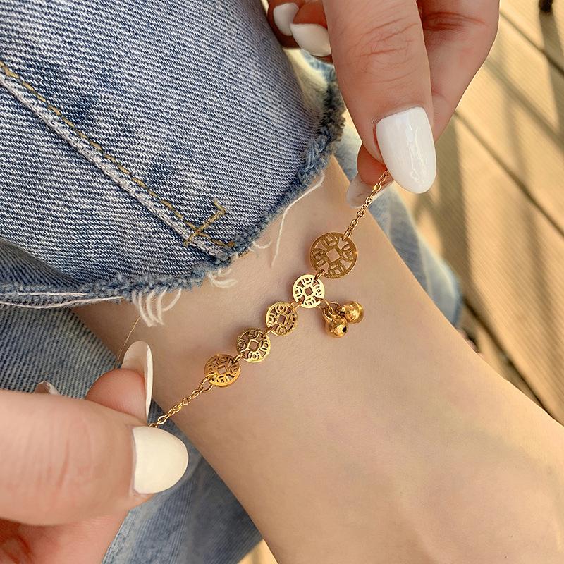 Korean-Style Influencer Gold Coin Titanium Anklet for Women – Non-Fading