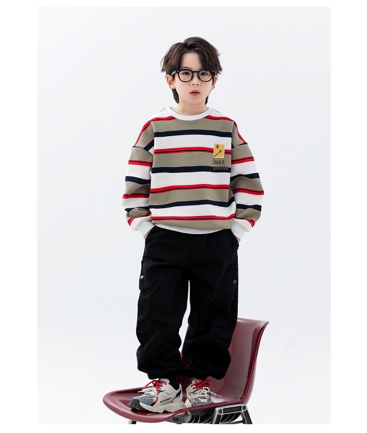 Boys' Fleece-Lined Striped Crewneck Hoodie - 2025 Autumn/Winter, Thick Long-Sleeve, Fashionable for Older Children