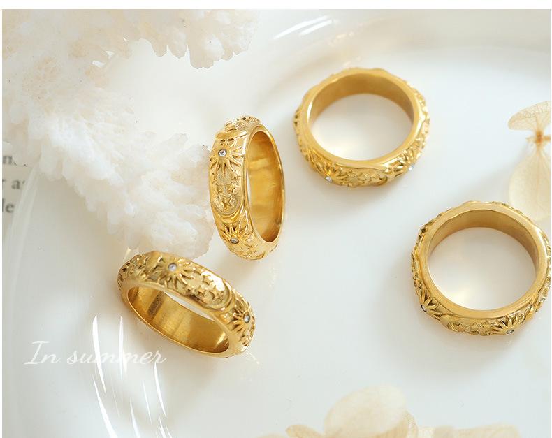 Retro Sun & Moon Zircon Ring: 18K Gold-Plated Titanium Steel for Men & Women
