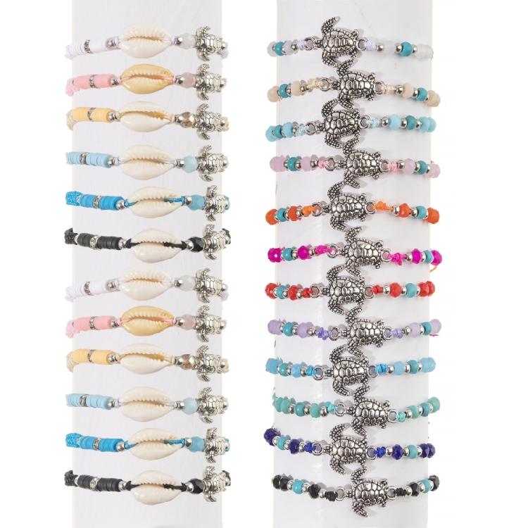 Pack of 12 Adjustable Handcrafted Turtles Bracelet Set Fashion Wristbands with Turquoise Crystal Wood Bead Details