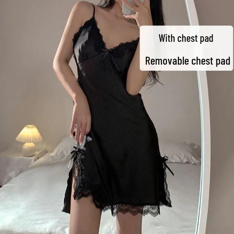 New Ice Silk Lace Pajamas with Chest Pad - Sexy French Camisole Nightdress