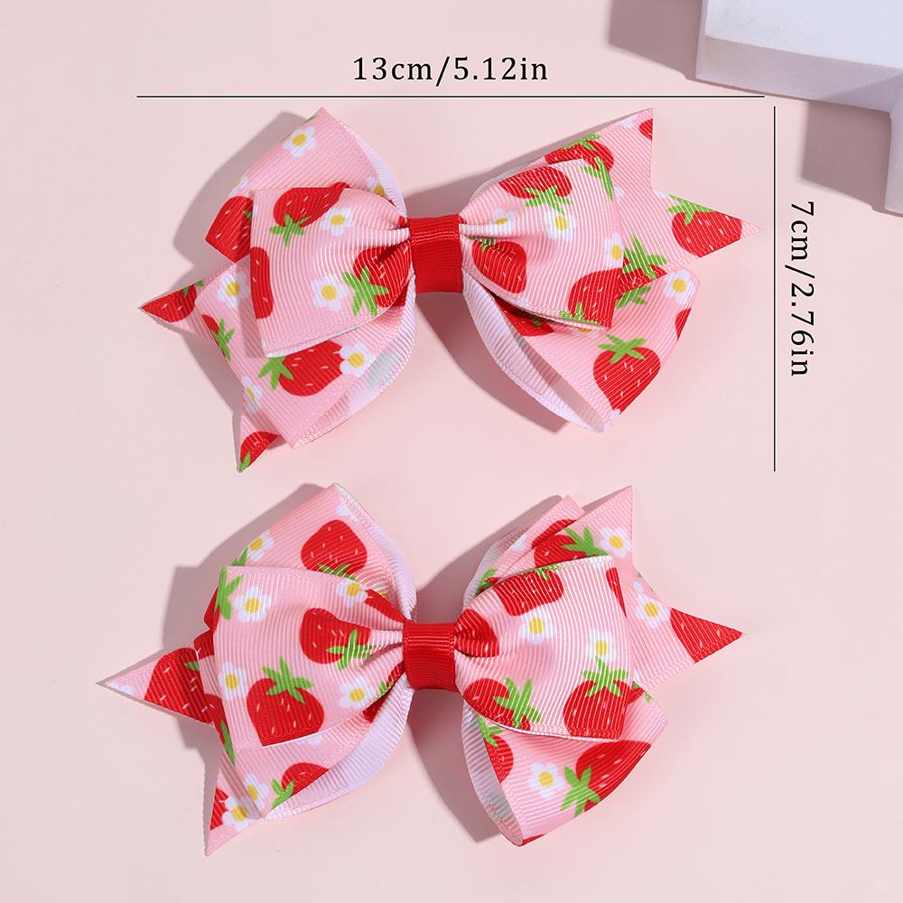 2Pcs Strawberry Bow Hair Clips Cute Red Floral Hairpins Ribbon Barrette For Girls Children Kids Sweet Kawaii Hair Accessories