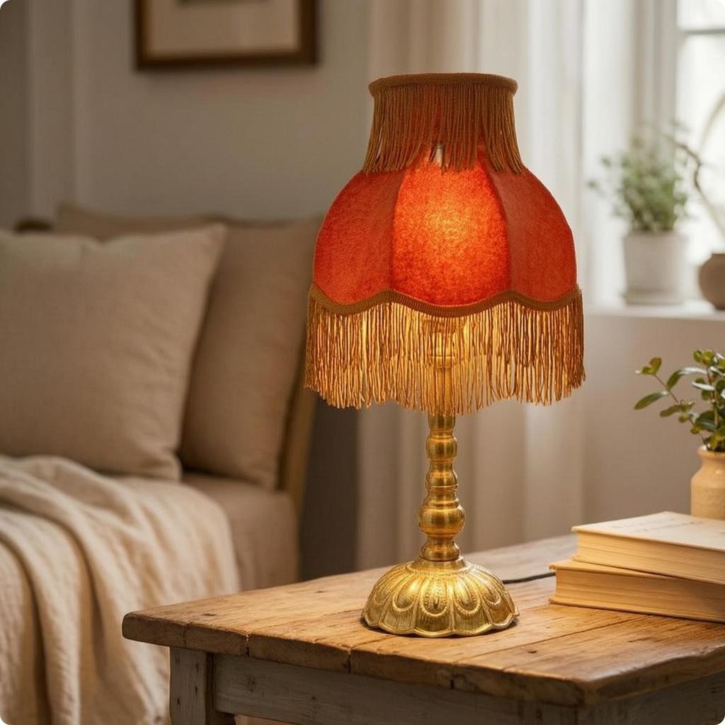Lamp with Retro Fabric Shade, Elegant Fringe
