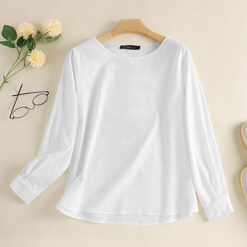 

ZANZEA Женская однотонная летняя повседневная хлопковая блузка с круглым вырезом и длинными рукавами Топы