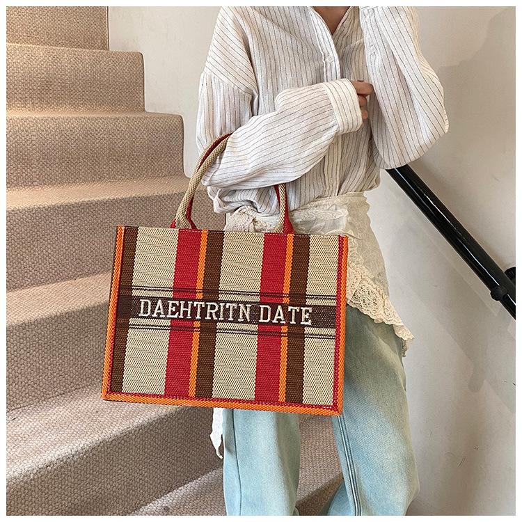 Women's Bag Cotton and Linen Large-capacity Portable Tote Bag New Fashion Embroidery Striped Color Contrast Hand Bag Women's Bag