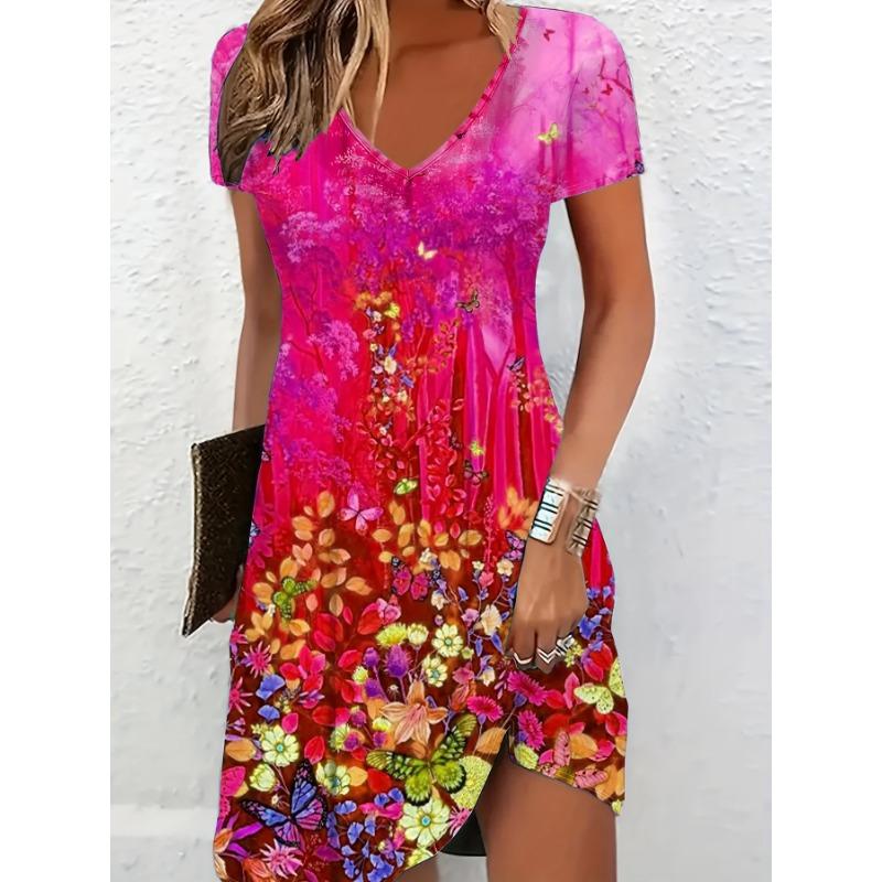 Ladies' Vitality Butterfly Printed V-neck Dress - A Must-have for Casual Short Sleeves in Spring and Summer