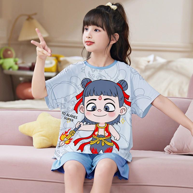 Girls Modal Cotton Pajama Set Short Sleeve Lightweight Sleepwear Cartoon Print Home Outfit Kids