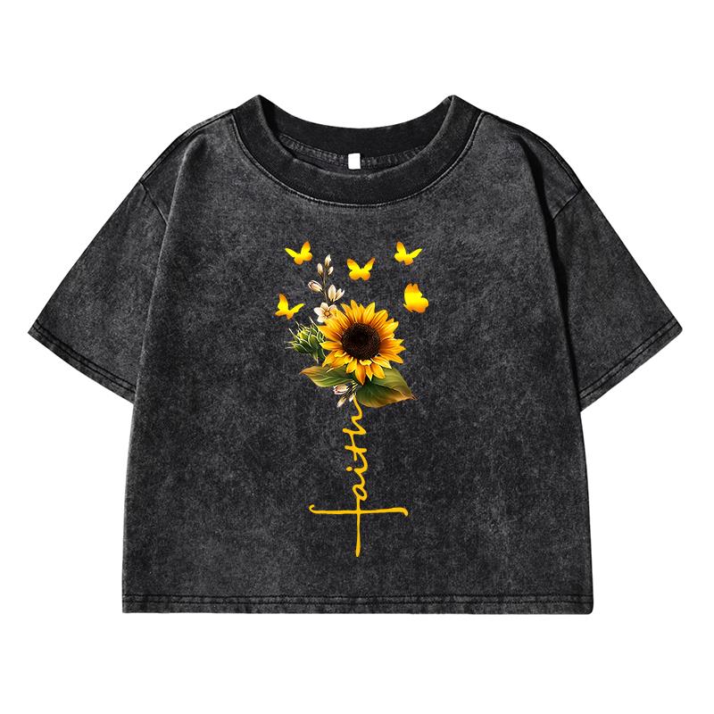 Sunflower Butterfly Beautifulprinting Female Washed Short T Shirts Breathable Street Clothes Fashion Distress Tshirts
