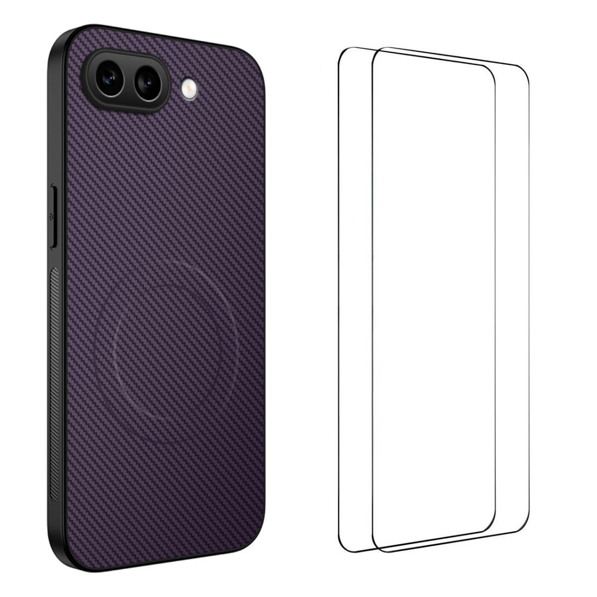 

Для Google Pixel 9a Магнитный чехол WANLONFENG Серия TQ1 Текстура углеродного волокна ПК ТПУ Чехол для телефона с 2 шт. защитных пленок Purple