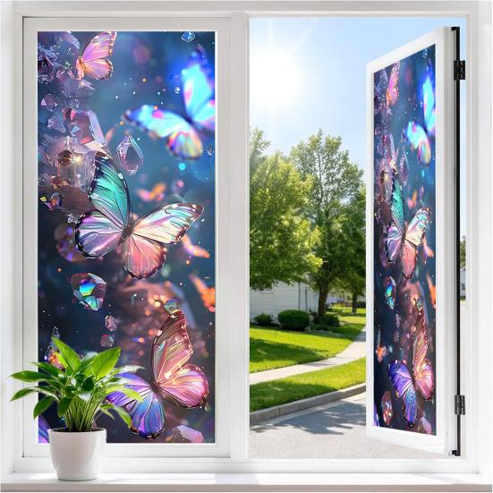 Window Privacy Film Stained Glass Flower Butterfly Decorative Window Sticker Heat Control Non-Adhesive Static Glass Cling for Home Bathroom Kitchen