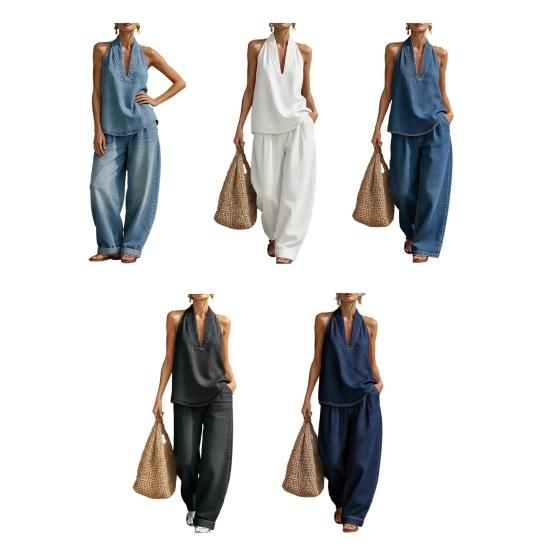 Halter Denim Set for Women Sleeveless Tank Top And Wide Leg Pants Lounge Sets Summer Casual Two Piece Outfits with Pockets