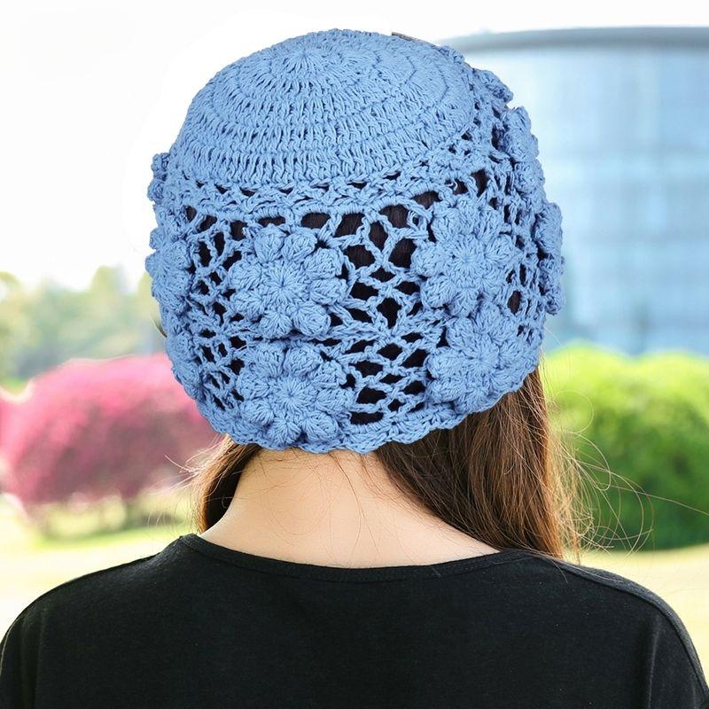Pălărie de lână croșetată manual cu un singur strat pentru femei, plasă goală respirabilă, turban cu flori pentru exterior