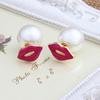 E903 Creative Stud Earrings, Double Sided Pearl Lips Pearl Red Lip Size Stud Earrings Jewelry