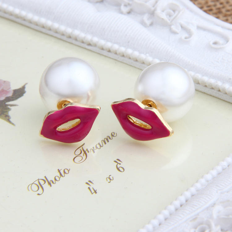 E903 Creative Stud Earrings, Double Sided Pearl Lips Pearl Red Lip Size Stud Earrings Jewelry