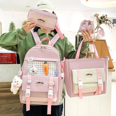 Korean Version of Fashion Trend Casual Large Capacity Foreign Style Versatile Backpack Small Fresh Japanese Four-piece Set Student Schoolbag