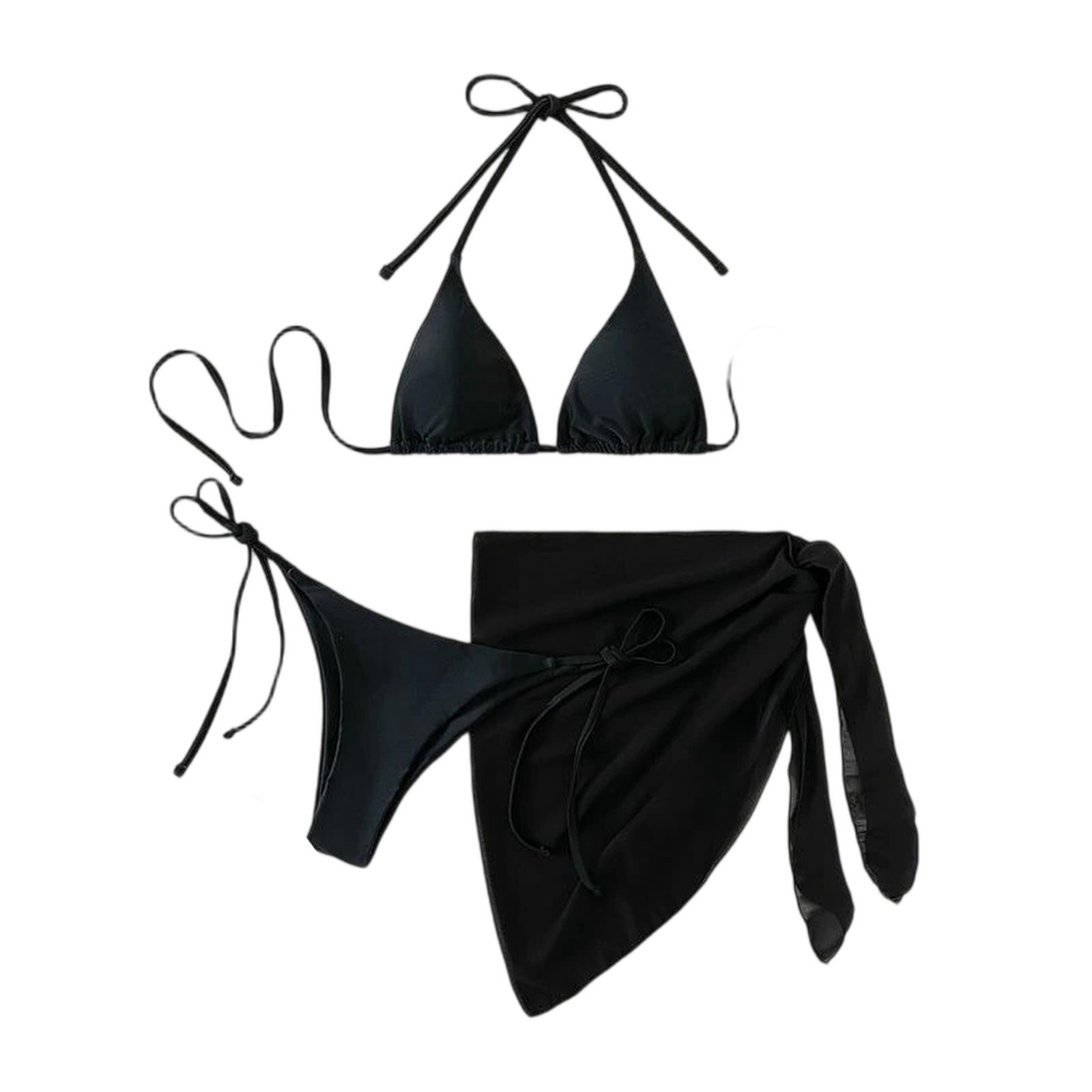 Women s Color Cup Strappy Sexy Bikini Three-Piece Set S чёрный