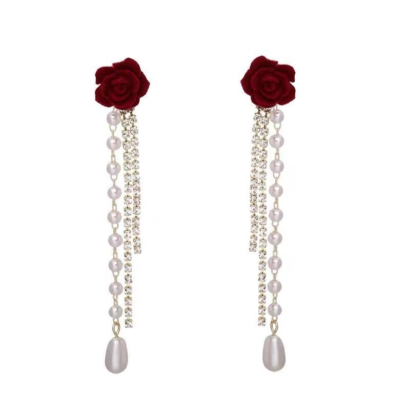 Rhinestone Dangle Earrings Tassel Pearl Korean Earrings Bow Red Rose Bow Stud Earrings Wedding Accessories