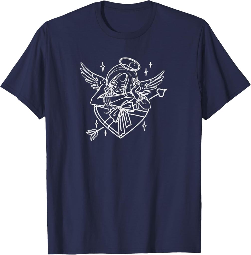 Cupid Winged Cherub Romantic Messenger with Heart Graphic T-Shirt Soft Cotton Short Sleeve Casual Tee