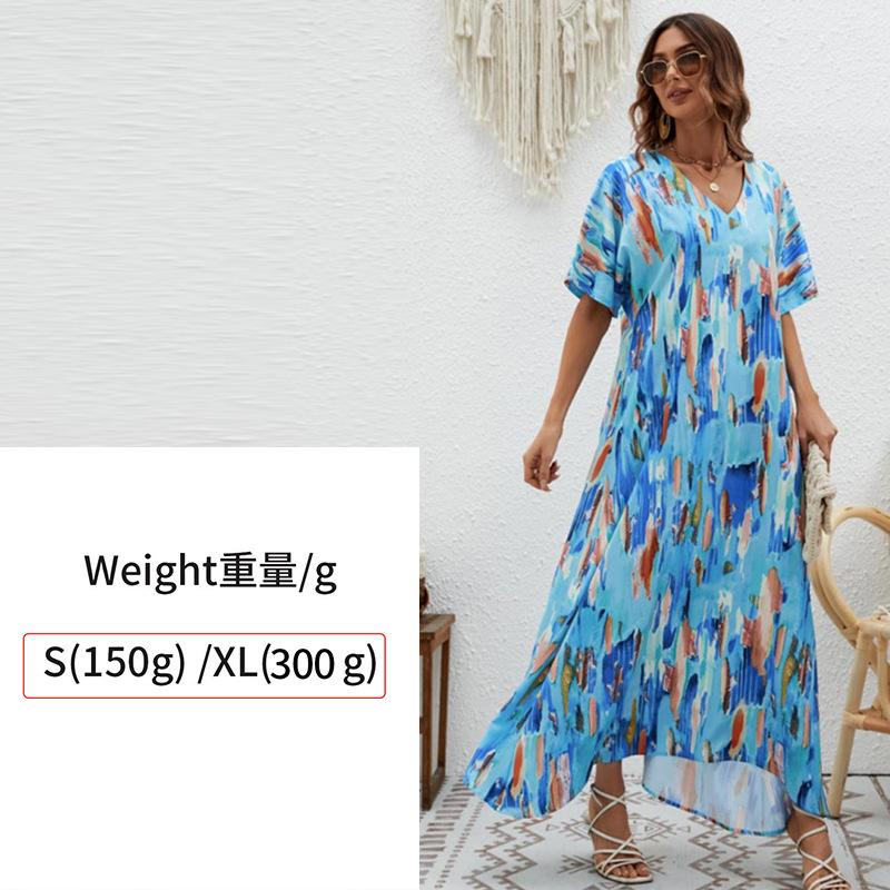 Summer New Elegant Long Dress V-Neck Printing High Waist Loose Swing Short Sleeve Dress Women S