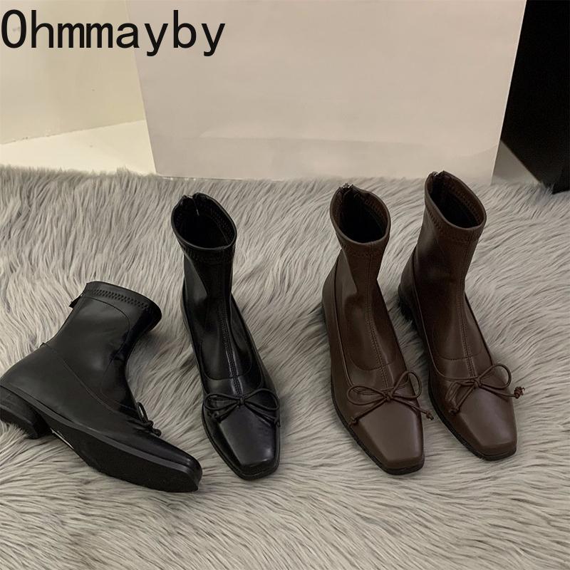 Square Toe Woman Thick Heel Ankle Boots Fashion Butterfly-knot Shoes Autumn Winter Femmes Mordern Short Botines De Mujer