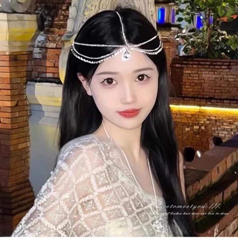 Boho Chic Crystal Forehead Chain Headpiece With Tassels Bridal Festival Costume Cosplay Princess Style