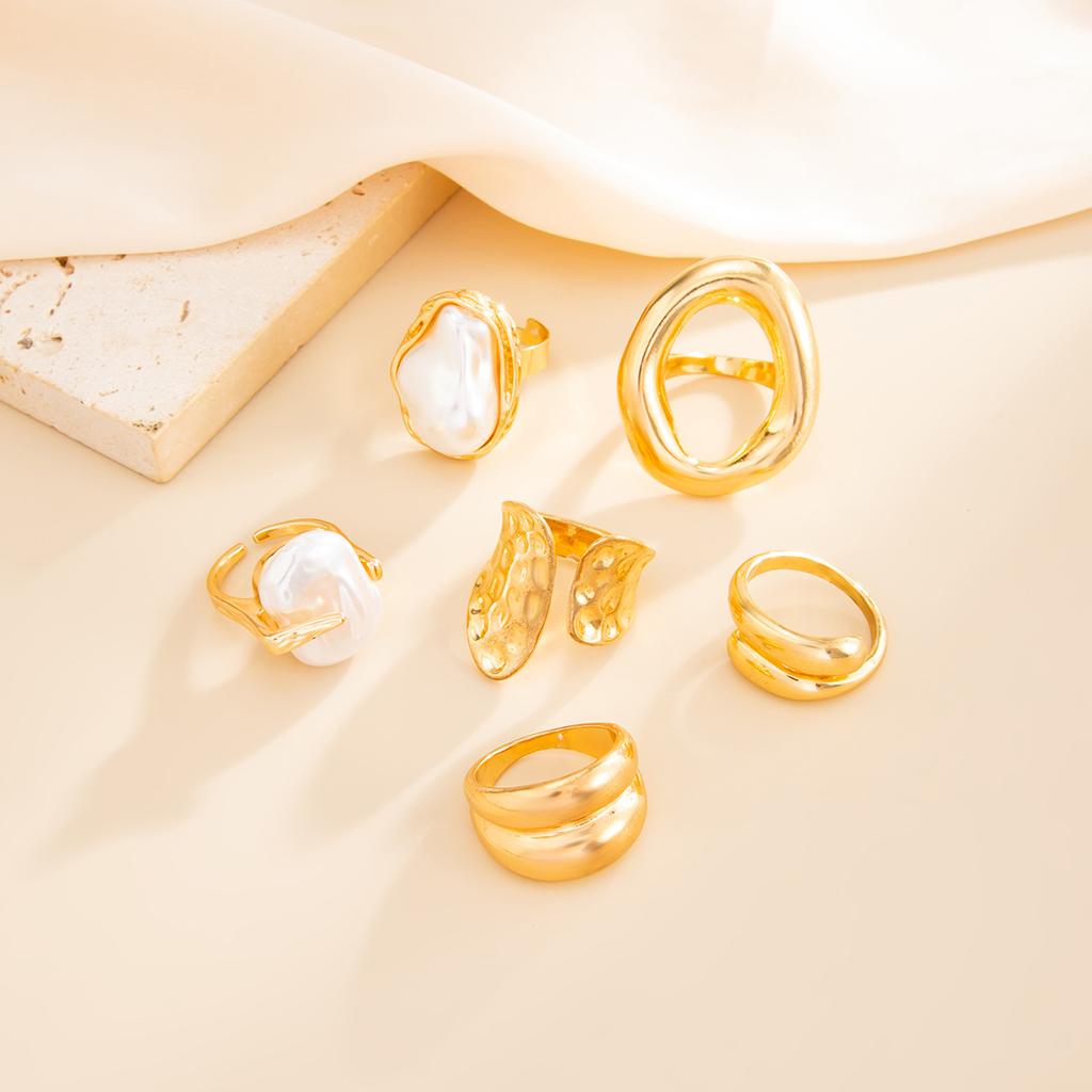 Temperament Baroque Imitation Pearl Ring Set, Hip-Hop Metal Hollow Smooth Surface Stacked Ring