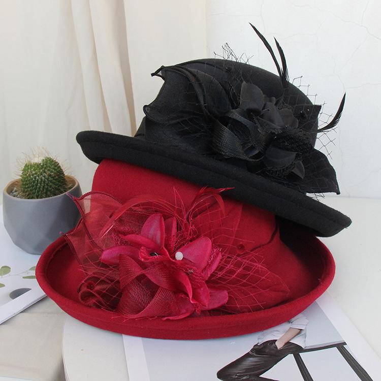 Autumn And Winter Curled Feather Flower Woolen Top Hat Women'S British Retro Casual Bucket Hat Mesh Basin Hat Tide