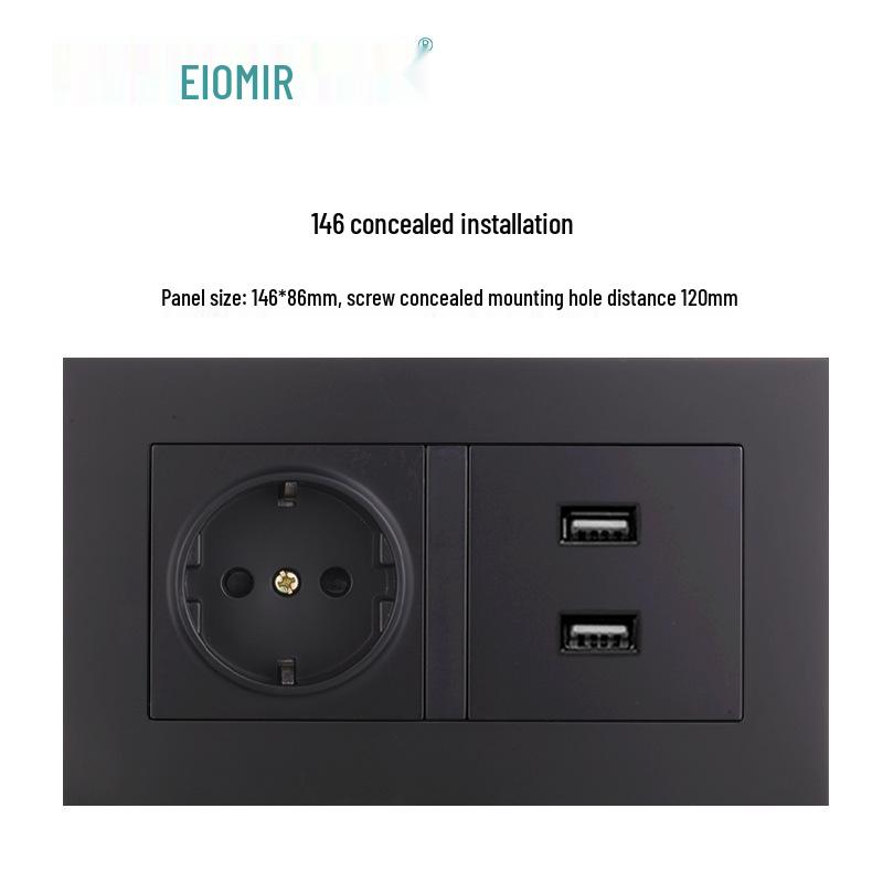 Black 16A German Standard Socket Panel with Double USB + Type C, Concealed European Installation
