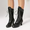 Britischer Stil Damen Mittelhohe Stiefel Damenschuhe Retro Spitzen-Spleißung Dicker Absatz Hoher Absatz Vorne Schnürung Vielseitig Große Größe Damenschuhe