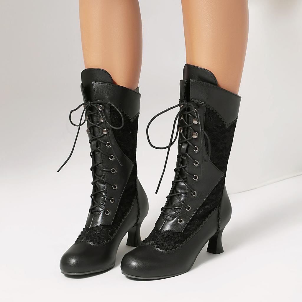 British Style Women'S Medium Boots Women'S Shoes Retro Lace Splicing Thick Heel High Heel Front Lace-Up Versatile Large Size Women'S Shoes