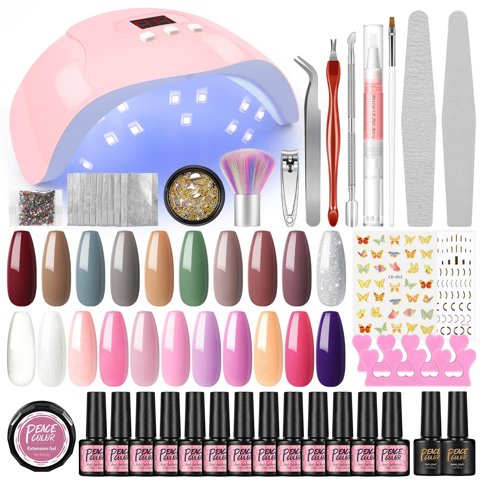 

PEACECOLOR Nail Art Маникюрные инструменты 36 Вт УФ-светодиодная лампа и 20 шт. 7 мл гель-лака для ногтей с базовым верхним слоем Прозрачный УФ-гель для наращивания ногтей Набор для наращивания ногтей