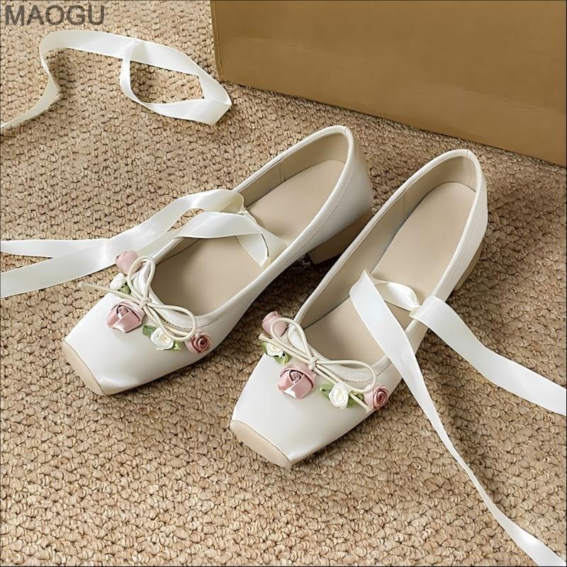 

French Fashion Satin Ballet Shoes Women s Cross-tie Thick Heel Shallow Mary Janes Bowknot Floral Decors Ladies Pumps Elegant 43 абрикосовий