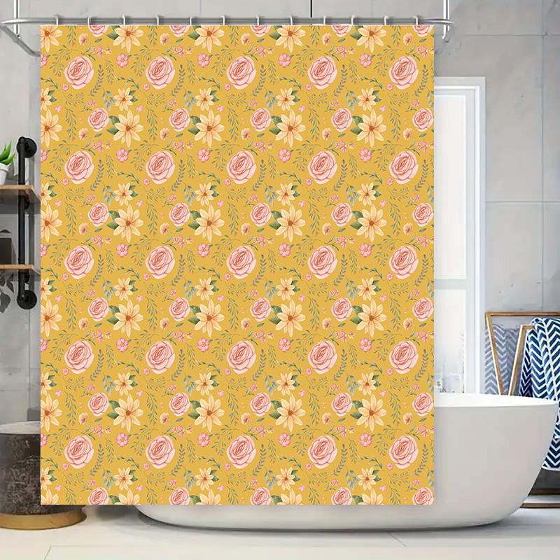 

Yellow Bath Shower Curtain With Rose Floral Pattern Home Decor Waterproof Fabric Custom Size Available For Bathroom Decoration ( W60H190(CM)-1 Pcs