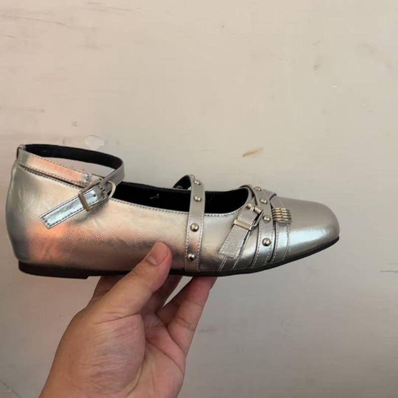 

Silver Mary Jane ballet single shoes women s autumn skirt design sense niche square head flat bottom small leather shoes 35 серебряный