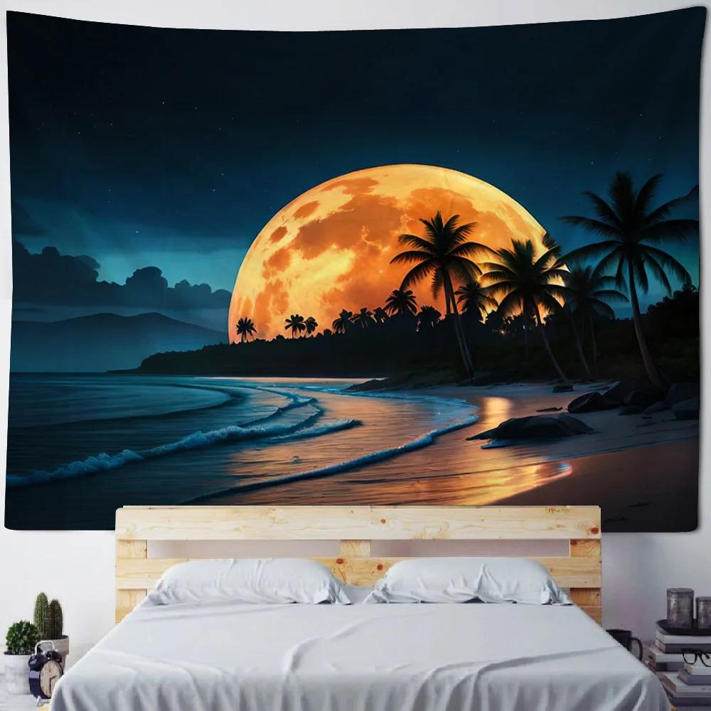 Living room bedroom decoration background poster starry sky coconut tree tapestry wall hanging sofa blanket dreamy sea