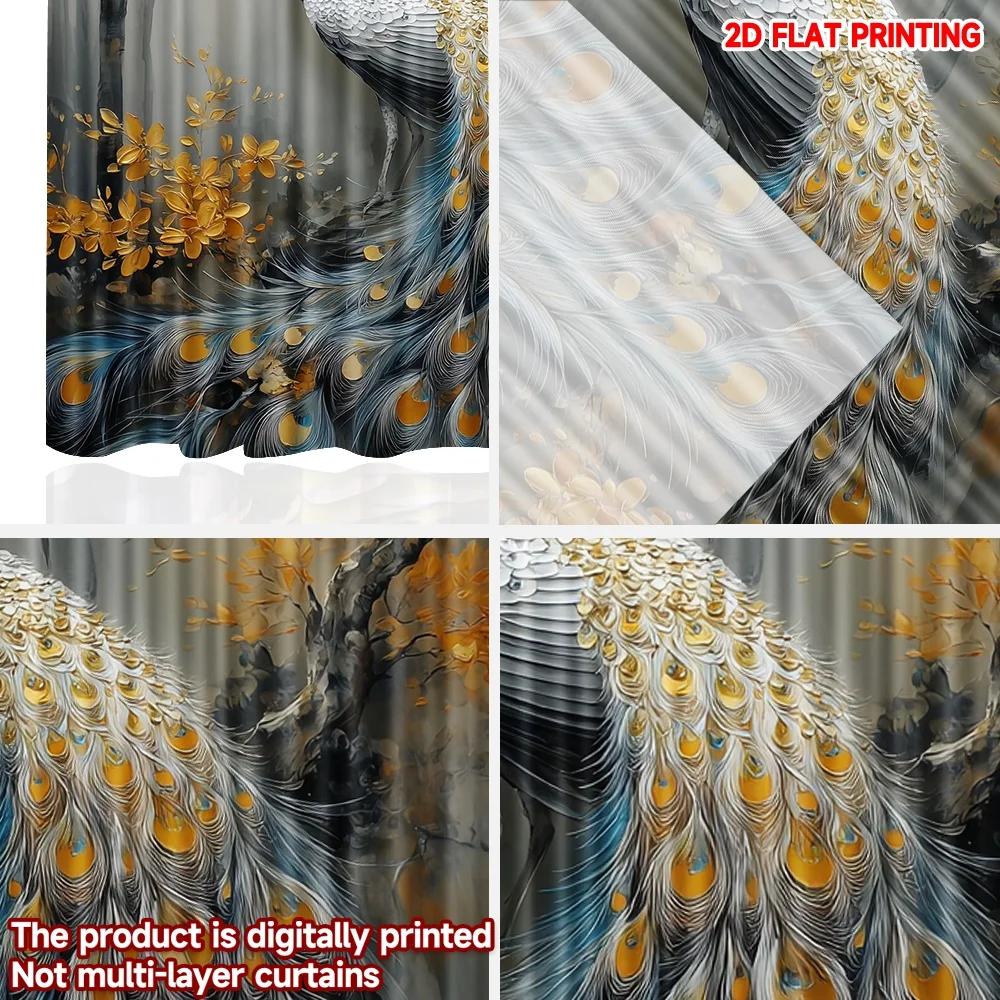 Set Of 2 Peacock Floral Curtains Flat Digital Printing Blue Gold White Feathers Blooming Tree Bedroom Decor Curtain Polyester Ideal For Sleeping Area