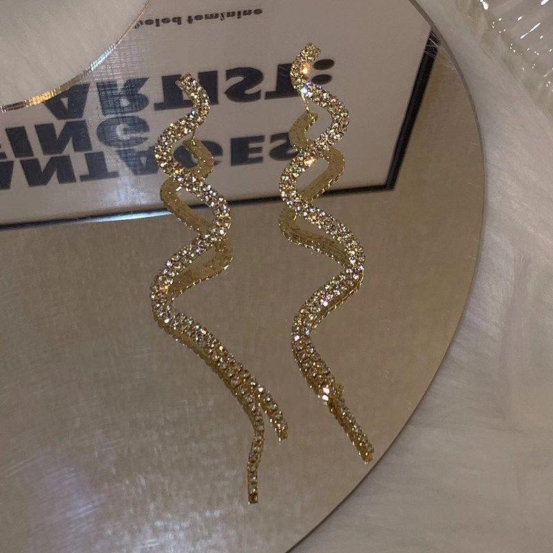 Snake-Shaped Full Diamond Fashionable Cool Personality Thin Earrings Gold