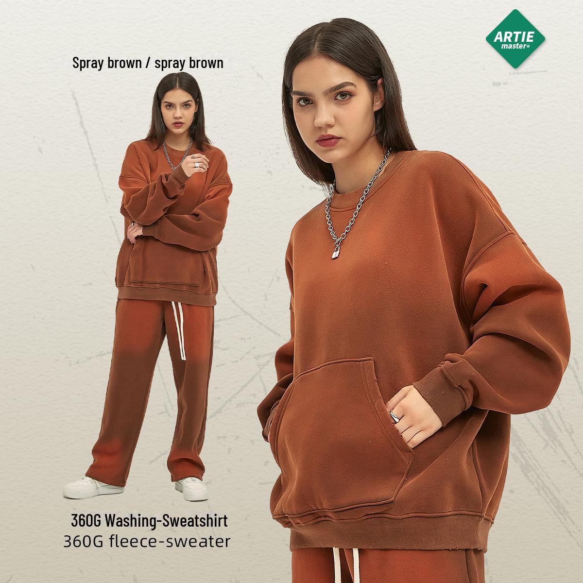 

Мужская толстовка ARTIE осень/зима 2023 года с потертостями - 360 г, окрашенная распылением, состаренная и стираная, круглый вырез горловины XL коричневый