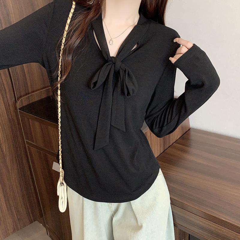 2026 Spring Plus Size Women s Stylish Flowy Ribbon Long Sleeve T-shirt L чёрный