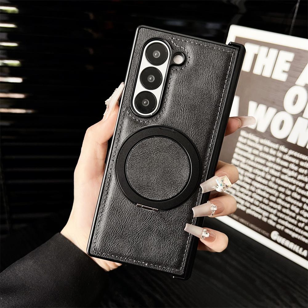 Leather Rotating Bracket Case for Samsung Galaxy Z Fold 6 4 3 ZFold Fold6 Magnetic Stand Holder Shockproof Cover