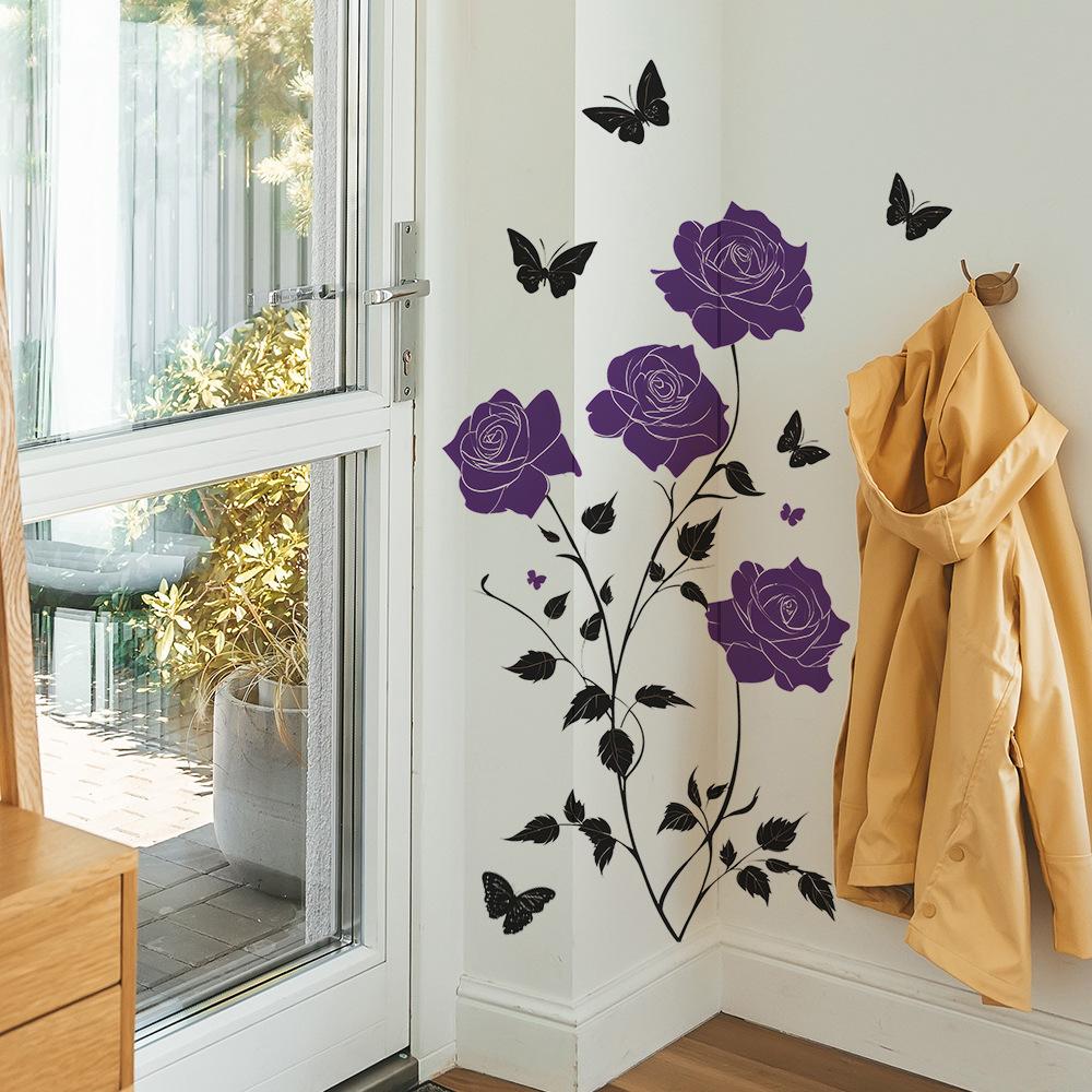 Hand Painted Purple Floral Butterfly Wall Sticker Self-Adhesive Removable for Living Room Study Background Home Decor