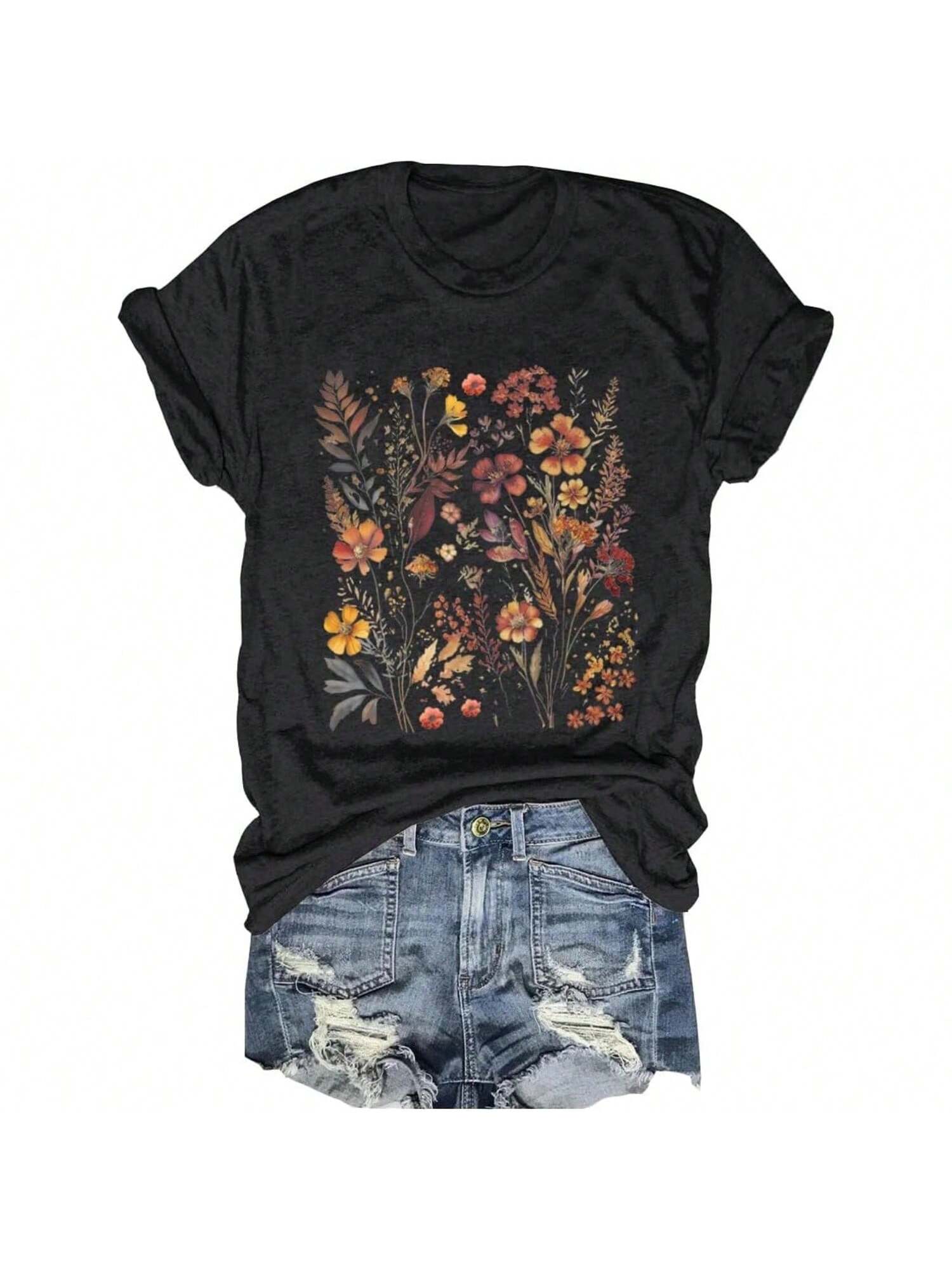 Wounisex s Boho Flower T Shirt Vintage Flowers Printed Shirt Colorful Wildflower Graphic Tee Casual Botanical Short Sleeve S разноцветный