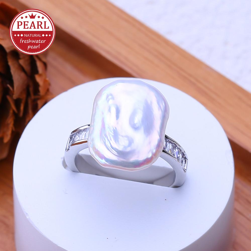 

LSOOYH Freshwater Big Baroque Pearl Rings For Women Classic Silver Gold Color Party Ring Anniversary Birthday Gifts adjustable белый