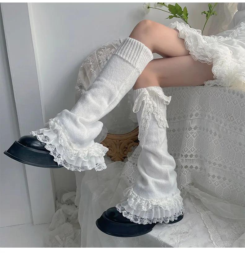 Cute Lace Flared Knitted Long Legs Warmers Harajuku Lolita Socks White Foot Cover Kawai Jk Calf Gaiters Sweet Legwarmers