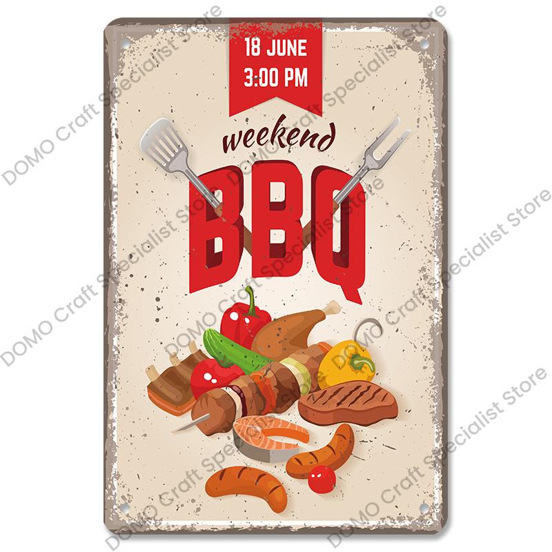 Vintage Barbecue Plaques Metal Tin Signs Grill Meat Steak Sausage Retro Metal Plate Wall Decor BBQ Party Shop Dining Room